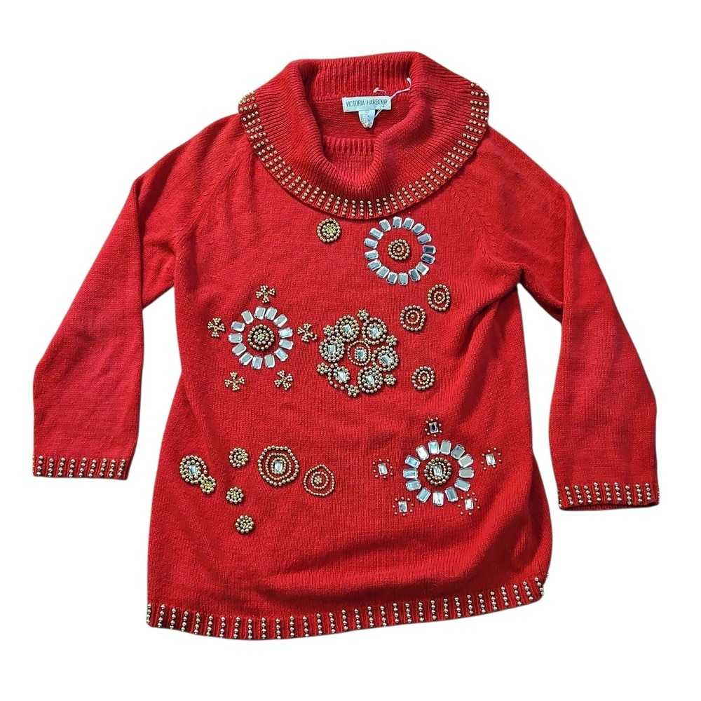 Victoria Harbour Sweater Womens Large Red W/ Gold Bead Embellished Tunic Cowl